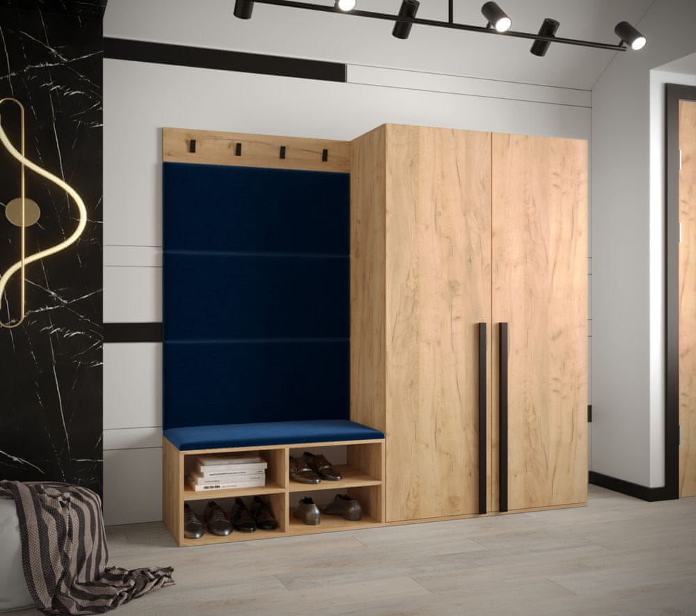 Veneti Predsieňový nábytok s čalúnenými panelmi HARRISON - dub zlatý, modré panely